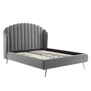 Maklaine Queen Performance Velvet Wingback Platform Bed in Gray