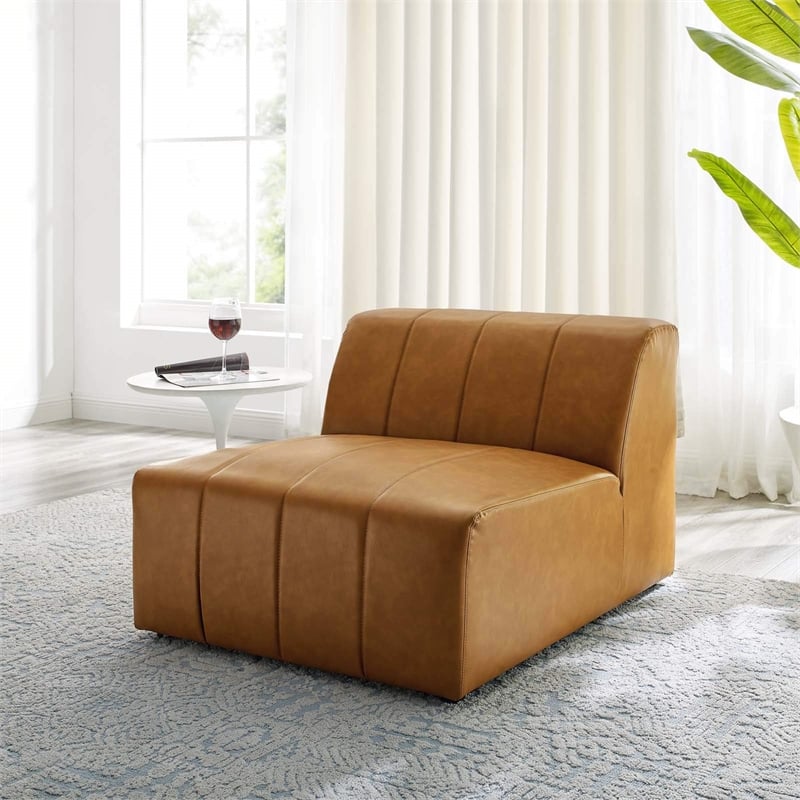 Maklaine Tufting Faux Leather Upholstered Armless Chair in Tan