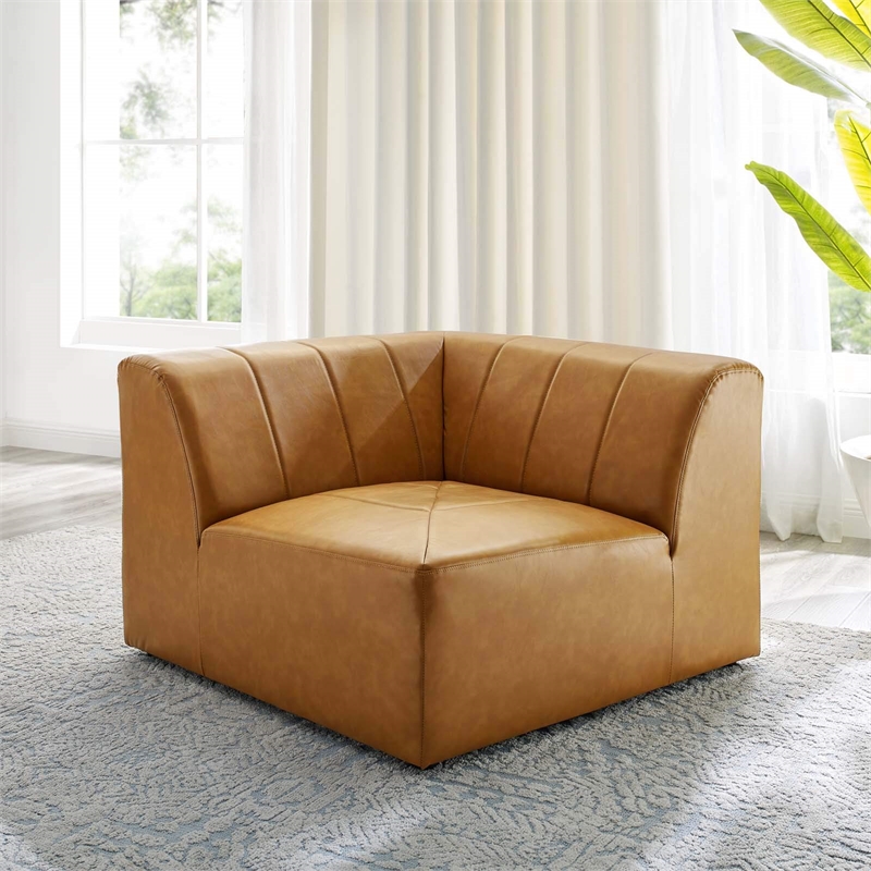 Maklaine Tufting Faux Leather Upholstered Corner Chair in Tan