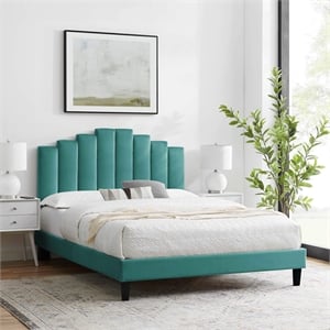 Maklaine Twin Modern Performance Velvet Platform Bed in Teal Green