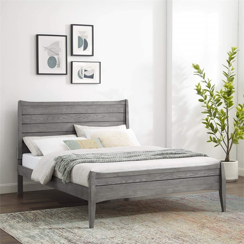 Maklaine Contemporary King Rubberwood and MDF Wood Platform Bed in Gray