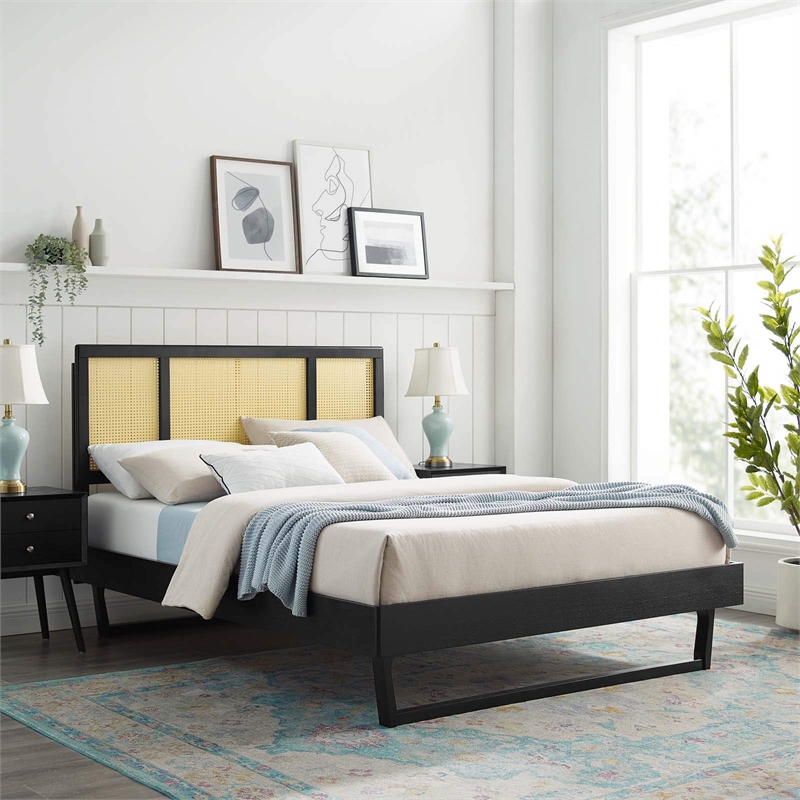 Maklaine Cane Rattan and Wood Full Platform Bed with Angular Legs in Black