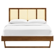 Maklaine Cane Rattan and Wood Full Platform Bed with Angular Legs in Walnut