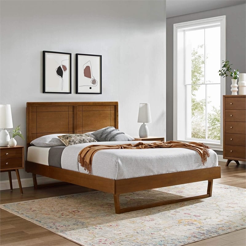 Maklaine Queen Wood Platform Bed with Angular Frame in Walnut