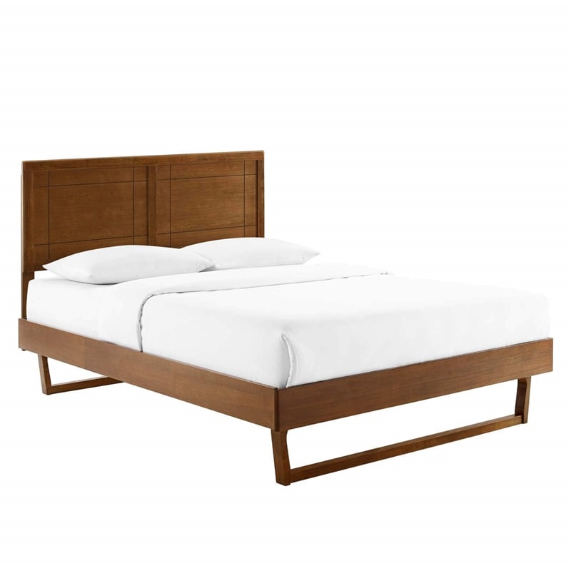 Maklaine Queen Wood Platform Bed with Angular Frame in Walnut