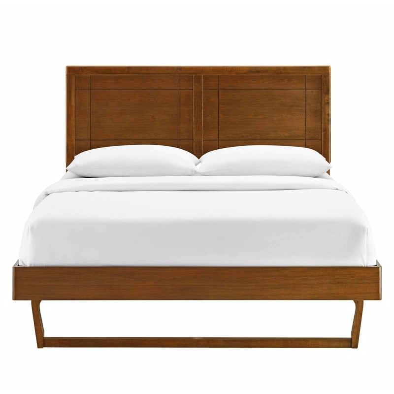 Maklaine Queen Wood Platform Bed with Angular Frame in Walnut