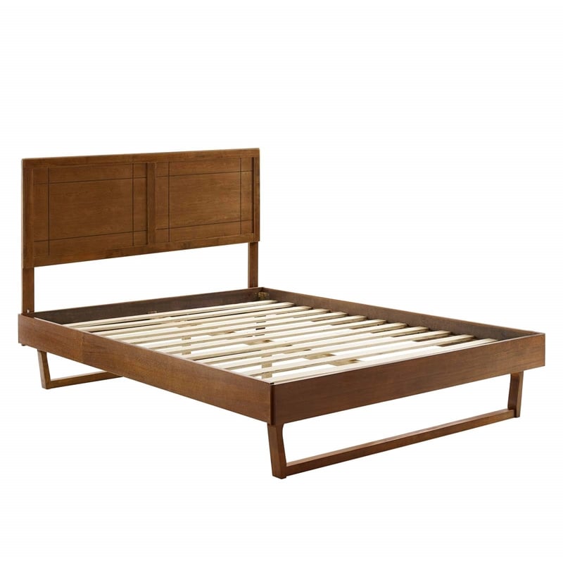 Maklaine King Wood Platform Bed with Angular Frame in Walnut
