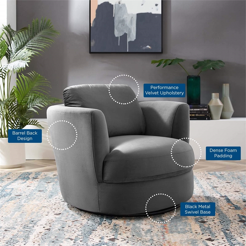 Maklaine Contemporary Performance Velvet Swivel Fabric Armchair in Gray