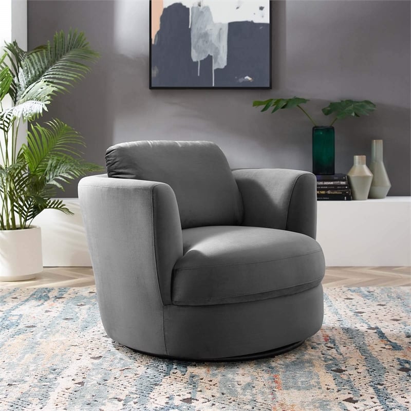 Maklaine Contemporary Performance Velvet Swivel Fabric Armchair in Gray