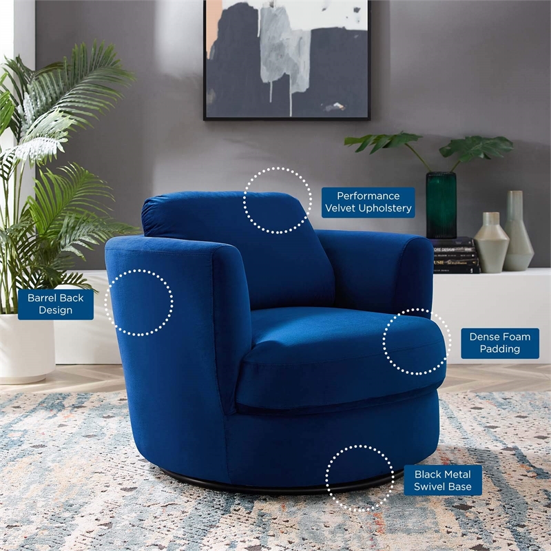 Maklaine Contemporary Performance Velvet Swivel Fabric Armchair in Navy