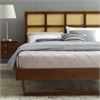 Maklaine Cane Rattan and Wood Full Platform Bed with Angular Legs in Walnut