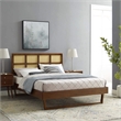 Maklaine Cane Rattan and Wood Full Platform Bed with Angular Legs in Walnut