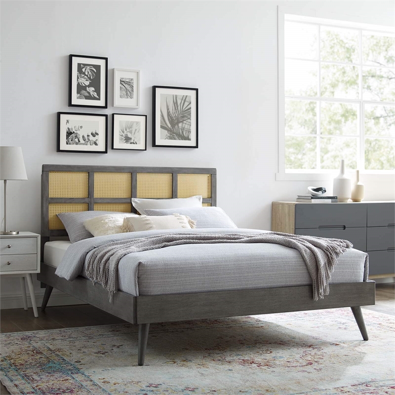 Maklaine Cane Rattan and Wood Full Platform Bed with Splayed Legs in Gray