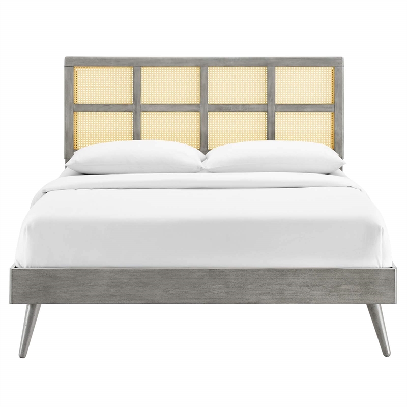 Maklaine Cane Rattan and Wood Full Platform Bed with Splayed Legs in Gray