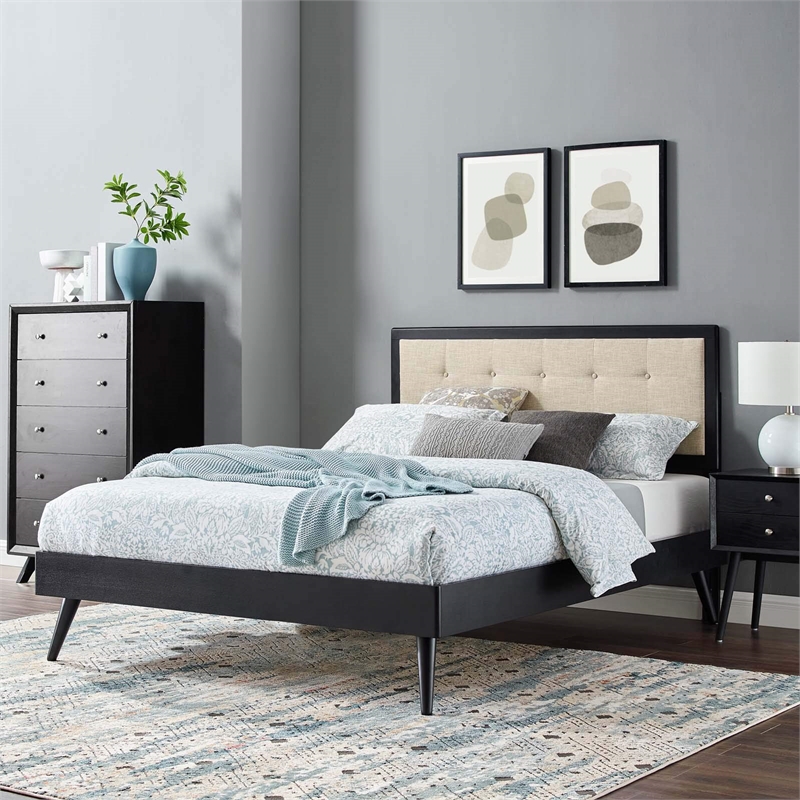 Maklaine Queen Wood Platform Bed with Splayed Legs in Black/Beige