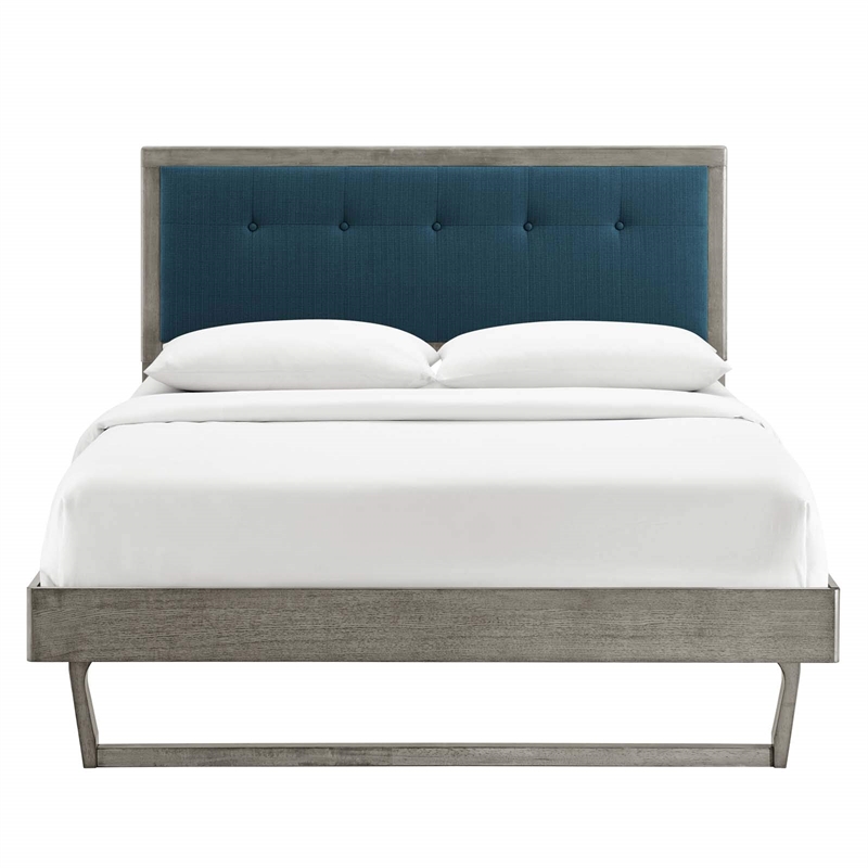 Maklaine King Wood Platform Bed with Angular Frame in Gray/Azure