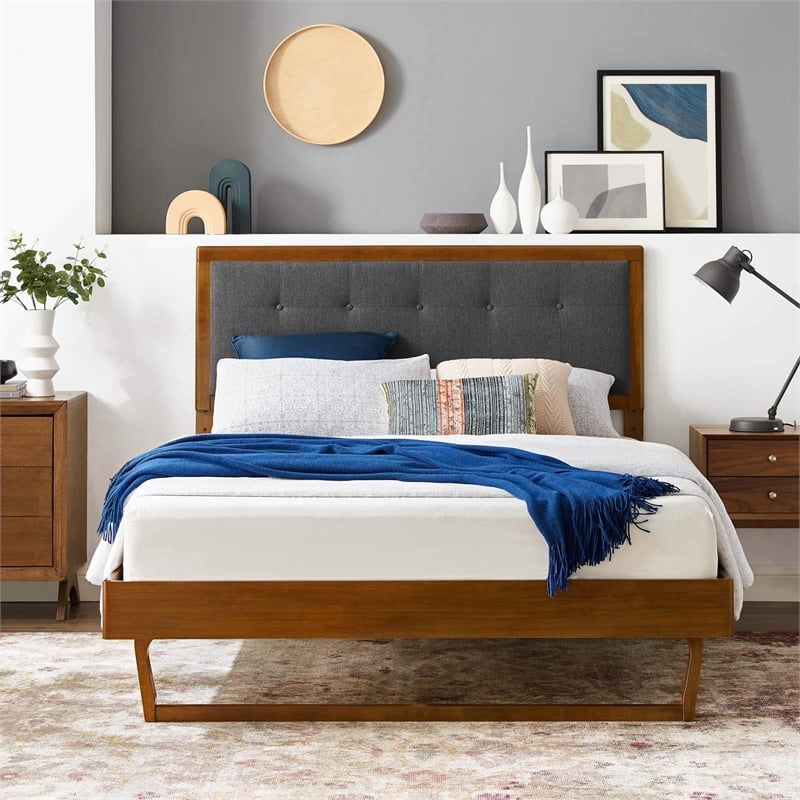 Maklaine King Wood Platform Bed with Angular Frame in Walnut/Charcoal