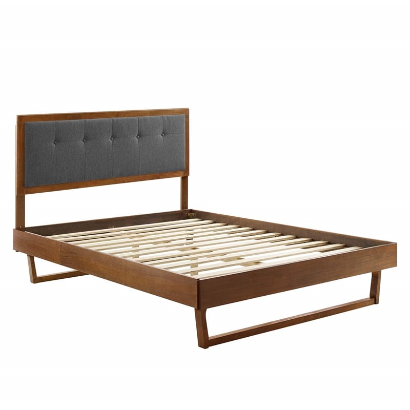 Maklaine King Wood Platform Bed with Angular Frame in Walnut/Charcoal