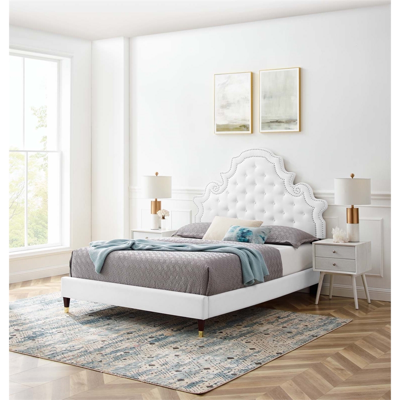 Maklaine Contemporary Performance Velvet Queen Platform Bed in White