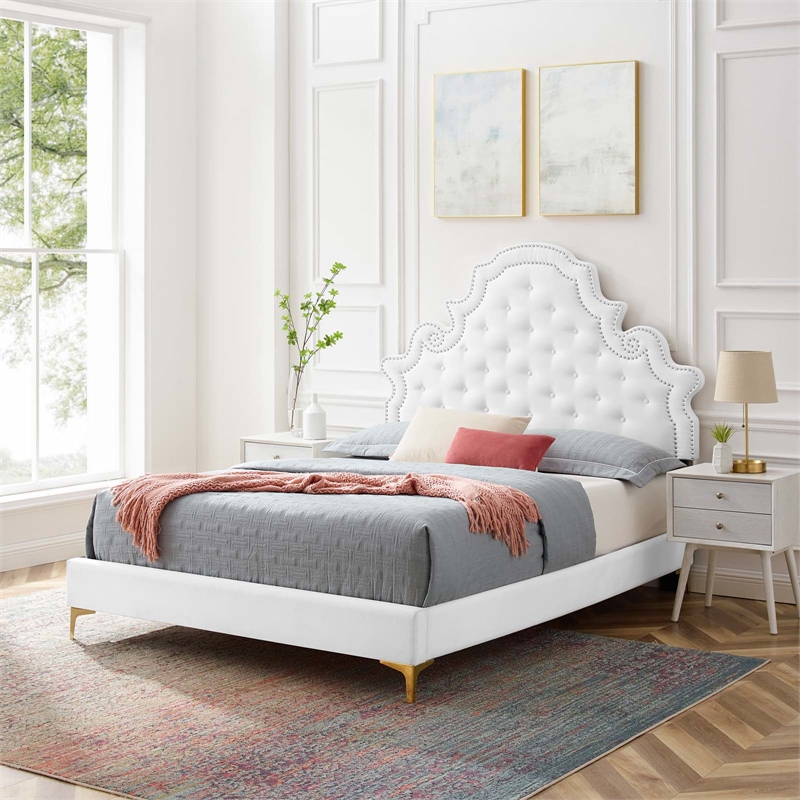 Maklaine Contemporary Performance Velvet Full Platform Bed in White
