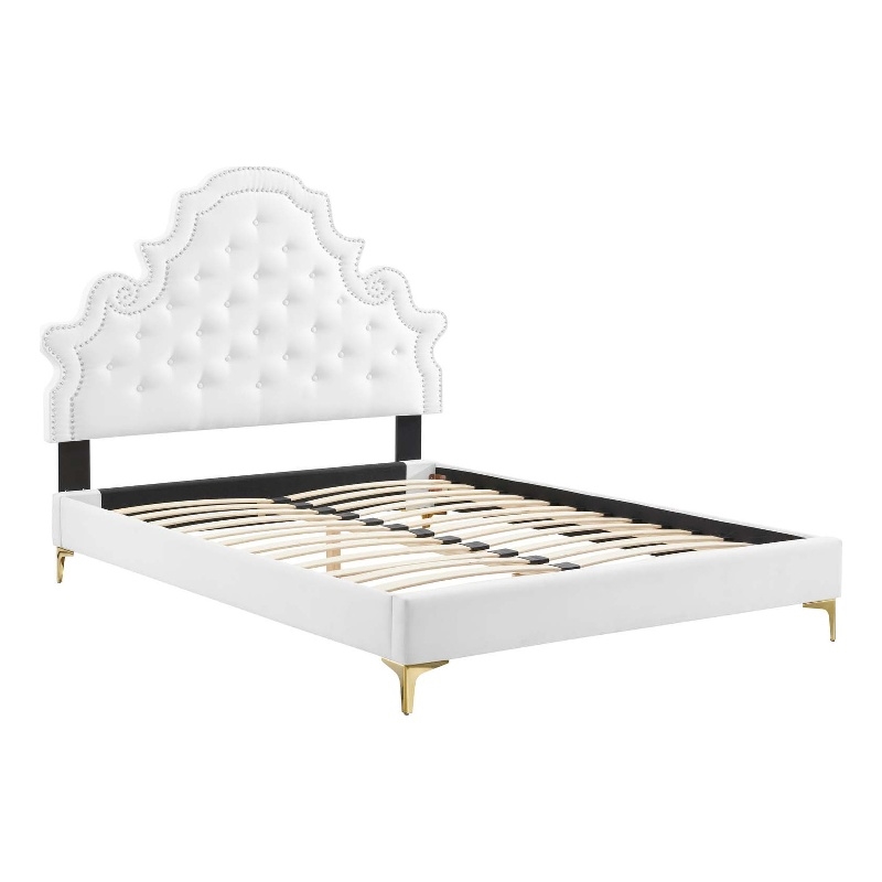 Maklaine Contemporary Performance Velvet Full Platform Bed in White