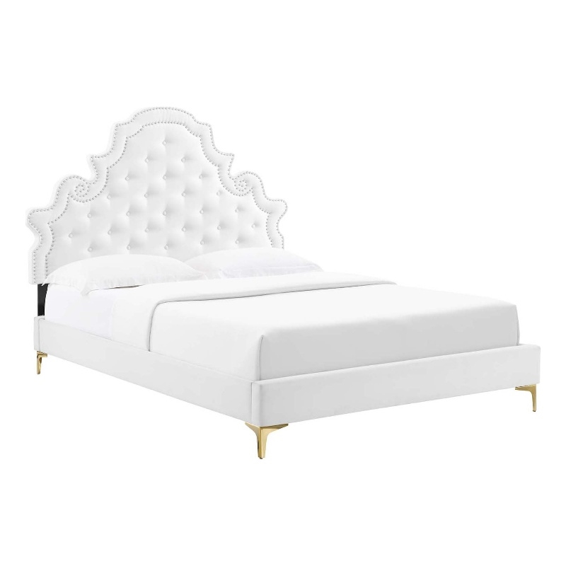 Maklaine Contemporary Performance Velvet Full Platform Bed in White
