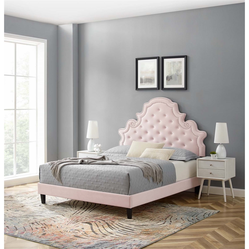 Maklaine Performance Velvet Pink Full Platform Bed Rectangular Assembly Required