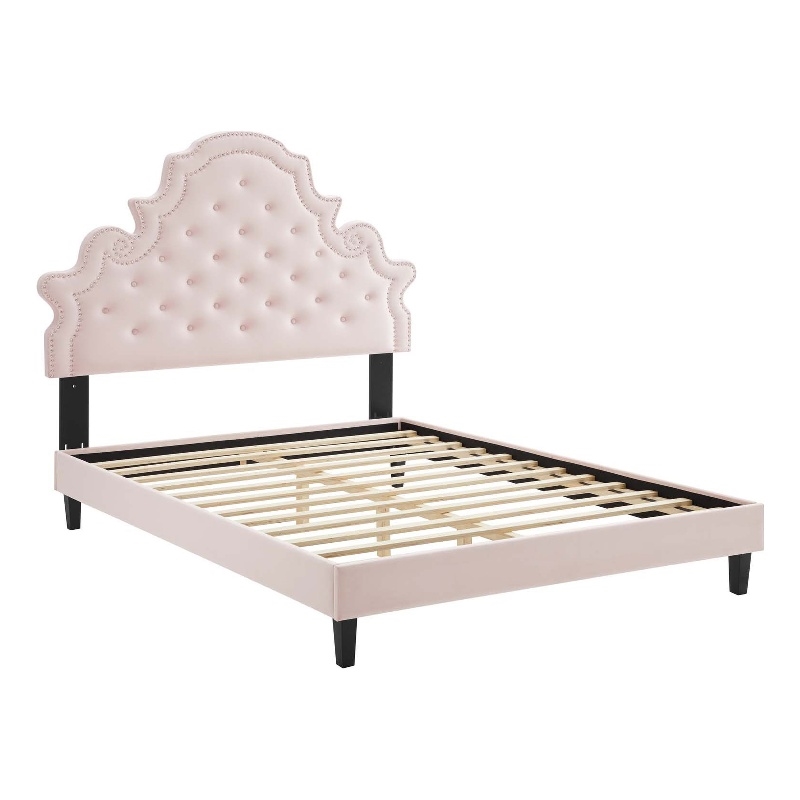 Maklaine Performance Velvet Pink Full Platform Bed Rectangular Assembly Required