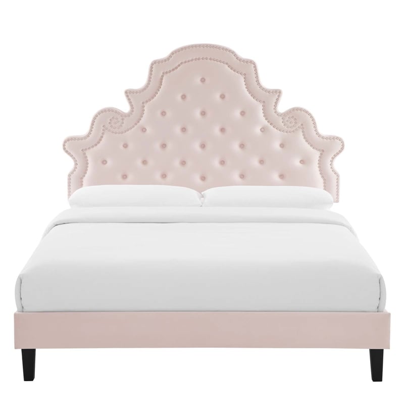 Maklaine Performance Velvet Pink Full Platform Bed Rectangular Assembly Required