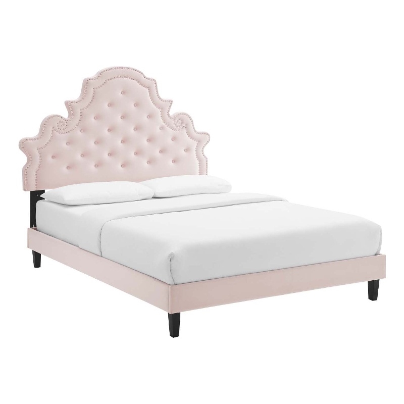 Maklaine Performance Velvet Pink Full Platform Bed Rectangular Assembly Required