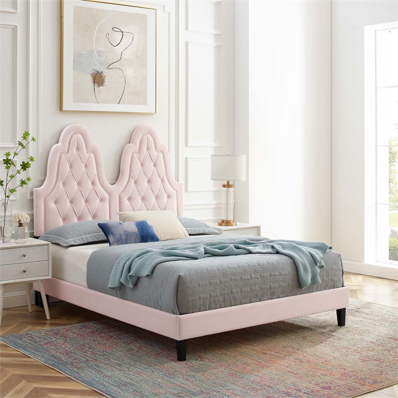 Maklaine Tufted Performance Velvet Twin Platform Bed in Pink