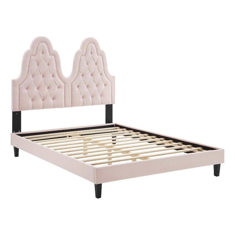 Maklaine Tufted Performance Velvet Twin Platform Bed in Pink