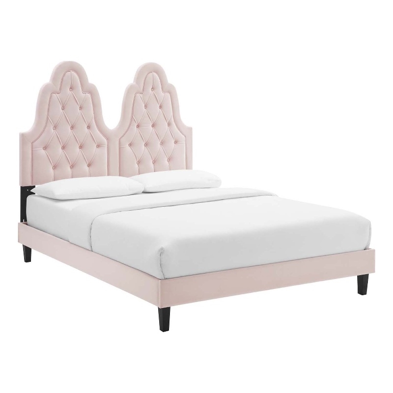 Maklaine Tufted Performance Velvet Twin Platform Bed in Pink
