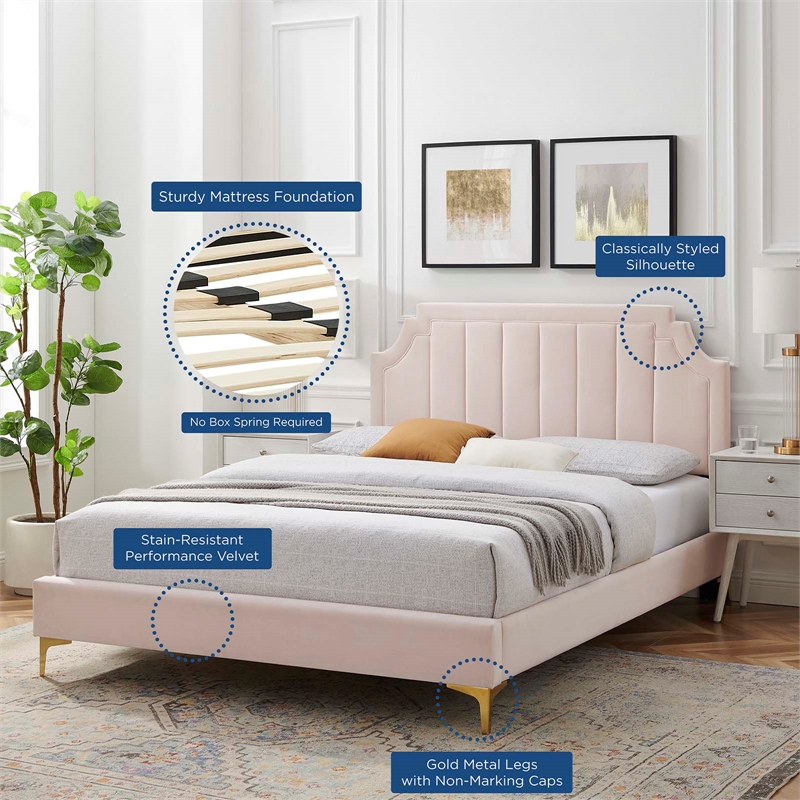 Maklaine Performance Velvet Full Platform Bed in Pink Finish