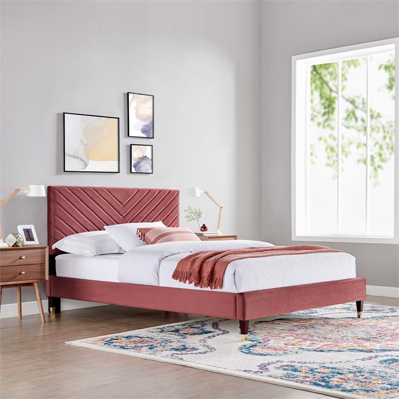 Maklaine Modern Performance Velvet Queen Platform Bed in Dusty Rose