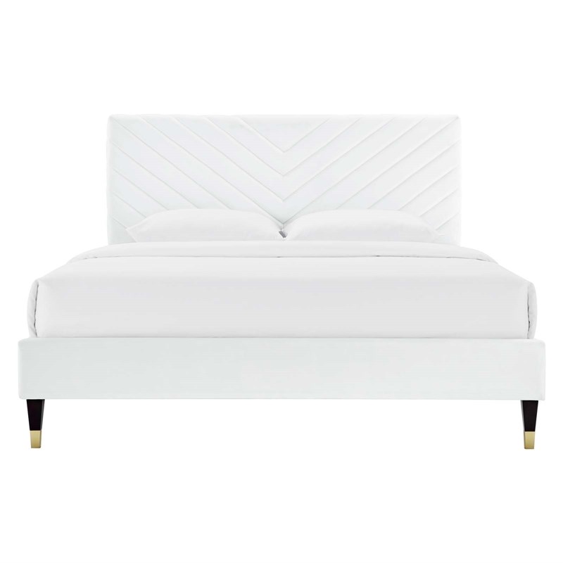 Maklaine Modern Performance Velvet Queen Platform Bed in White
