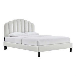 Maklaine Modern Performance Velvet Queen Platform Bed in Light Gray