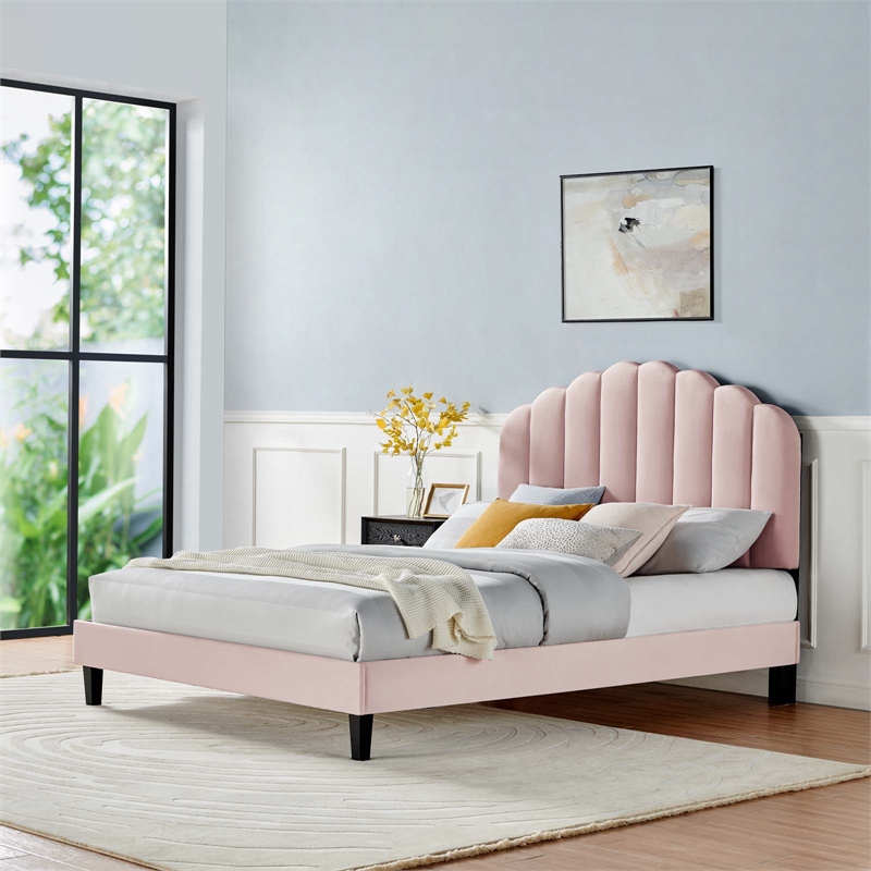 Maklaine Modern Performance Velvet Queen Platform Bed in Pink