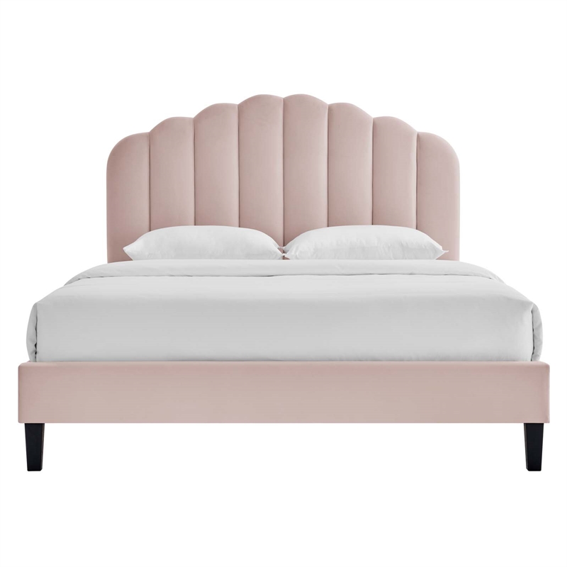 Maklaine Modern Performance Velvet Queen Platform Bed in Pink