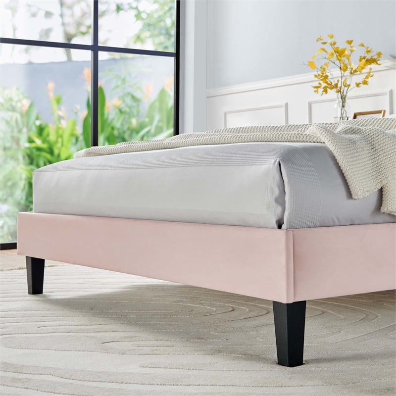 Maklaine Modern Performance Velvet Queen Platform Bed in Pink