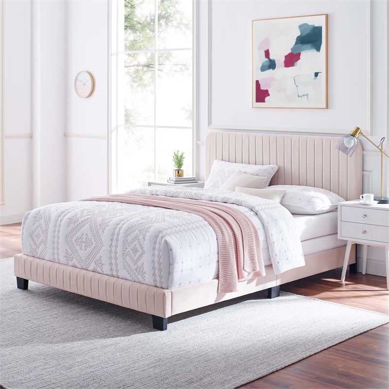 Maklaine Channel Tufted Performance Velvet Queen Bed in Pink