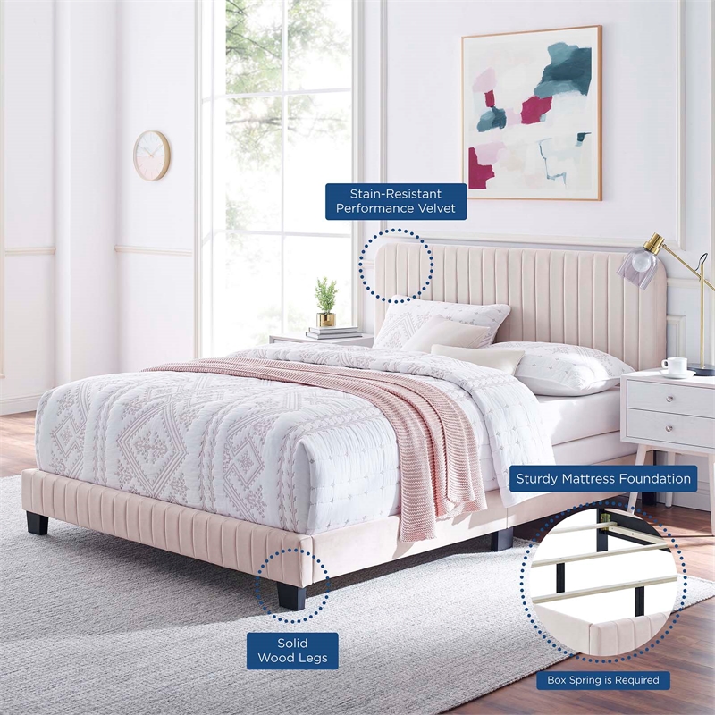 Maklaine Channel Tufted Performance Velvet Queen Bed in Pink