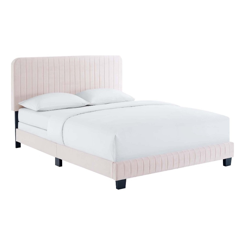 Maklaine Channel Tufted Performance Velvet Queen Bed in Pink