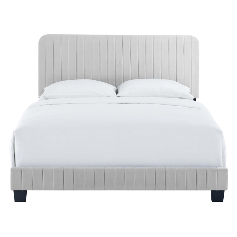 Maklaine Channel Tufted Performance Velvet Full Bed in Light Gray