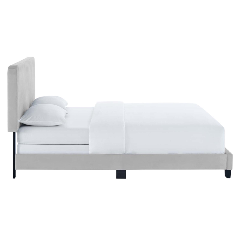 Maklaine Channel Tufted Performance Velvet Full Bed in Light Gray