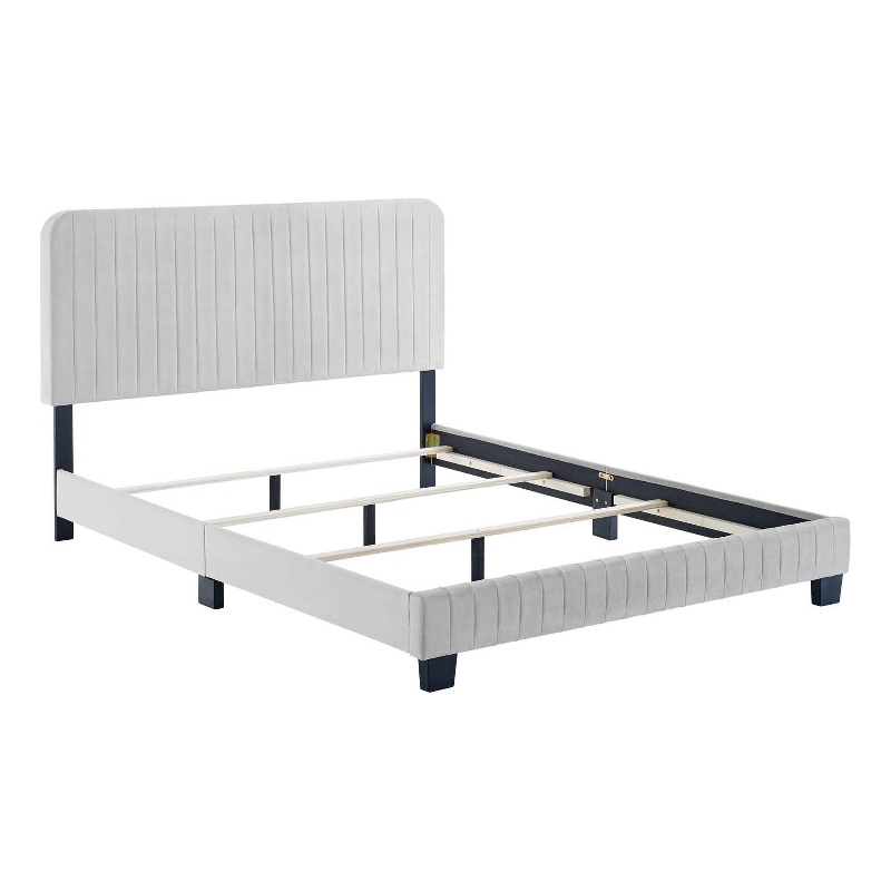 Maklaine Channel Tufted Performance Velvet Full Bed in Light Gray