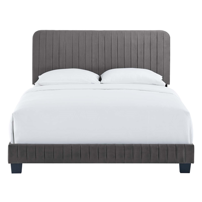 Maklaine Contemporary Channel Tufted Performance Velvet King Bed in Gray