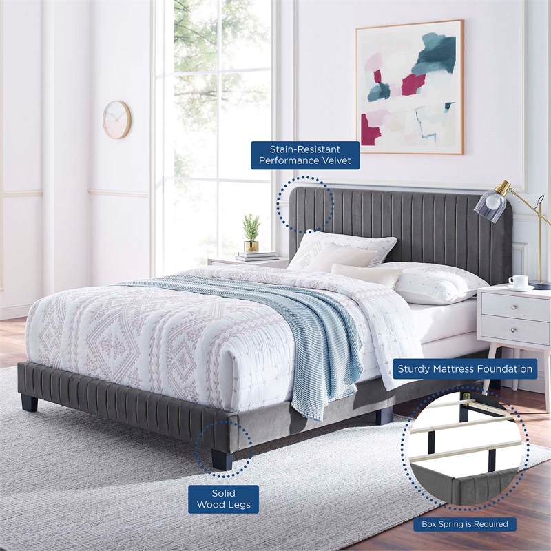 Maklaine Contemporary Channel Tufted Performance Velvet King Bed in Gray