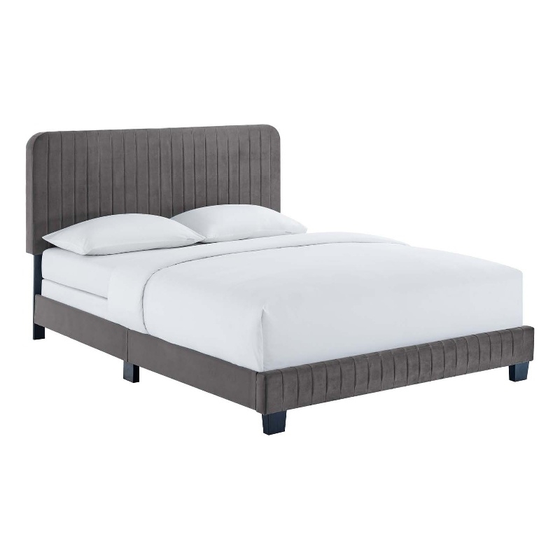 Maklaine Contemporary Channel Tufted Performance Velvet King Bed in Gray