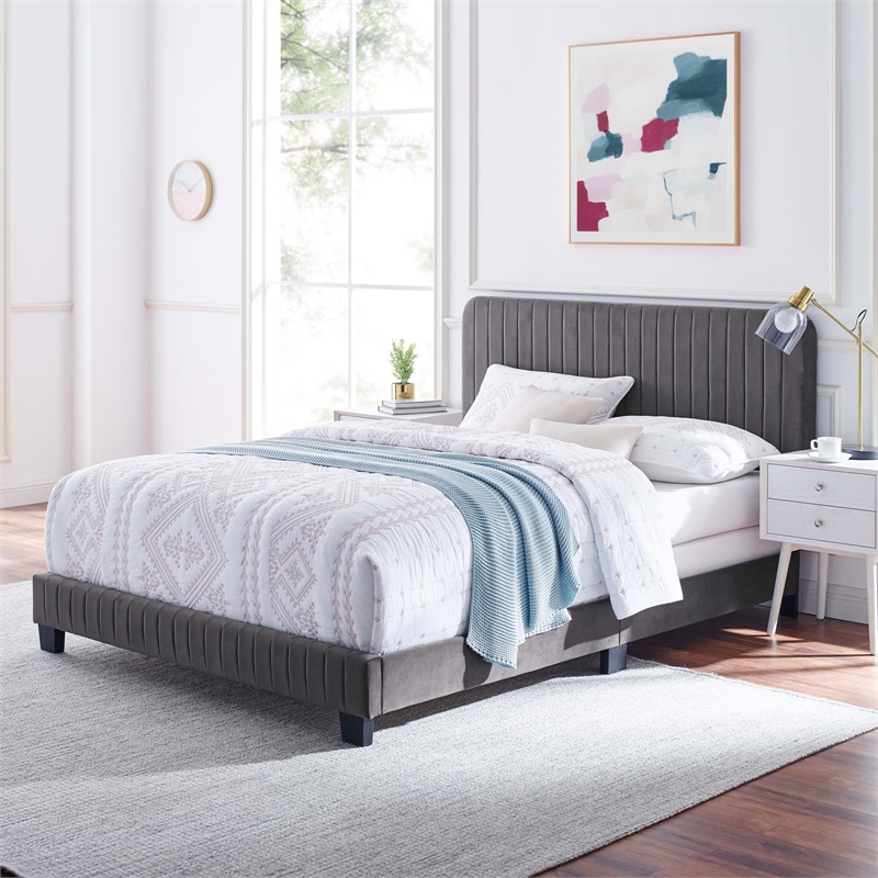 Maklaine Contemporary Channel Tufted Performance Velvet King Bed in Gray